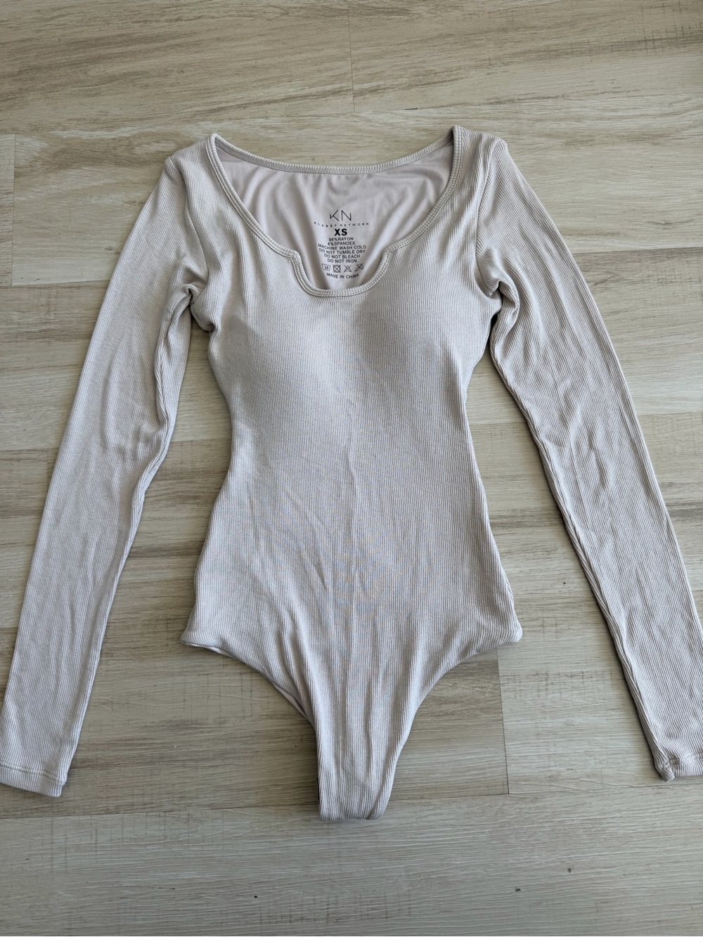 Long Sleeve Scoop Neck Bodysuit in Light Beige